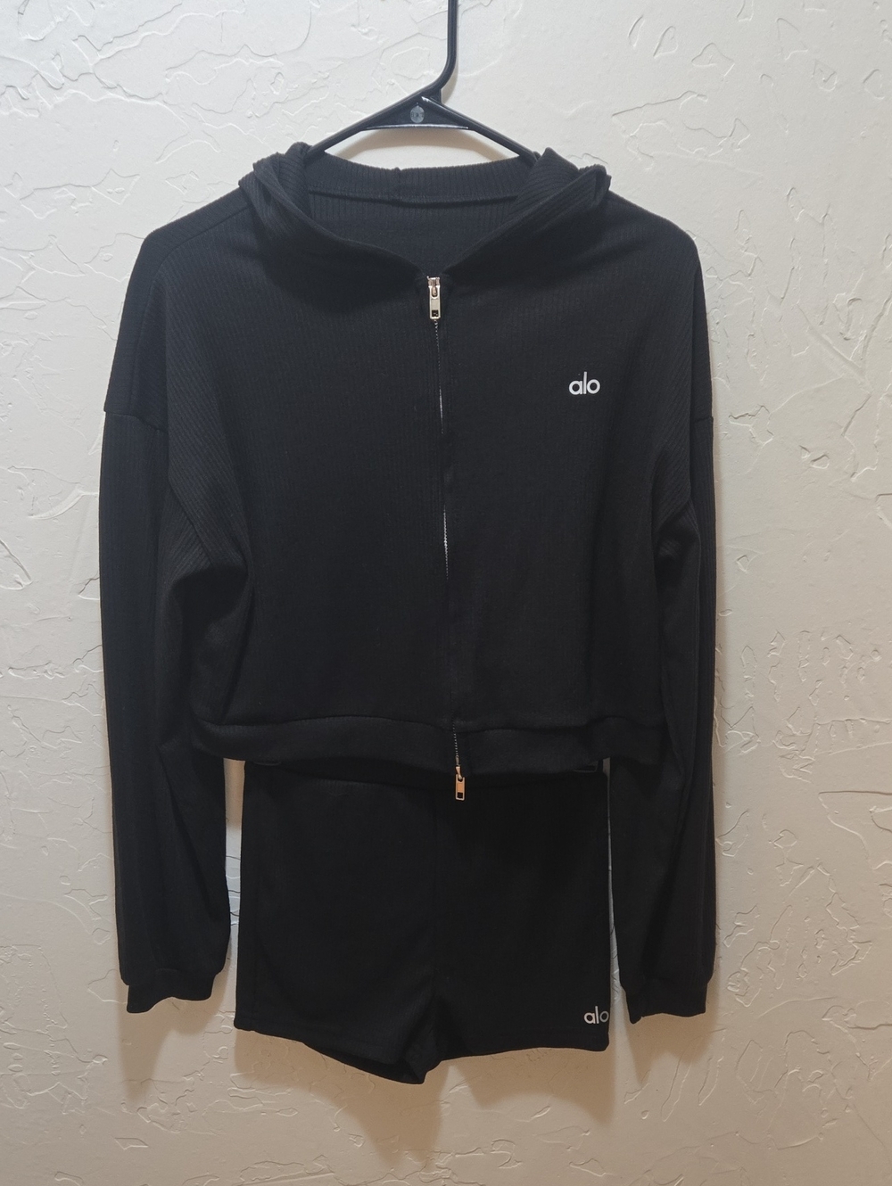 Black Cropped Zip Hoodie with Matching Shorts-Not Authentic
